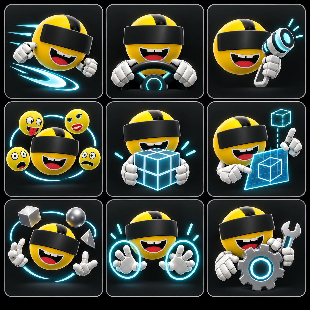 Nine VRF mascot concepts showing movement, driving, weapons, social intelligence, building blocks, world design, primitives, hands, and tools
